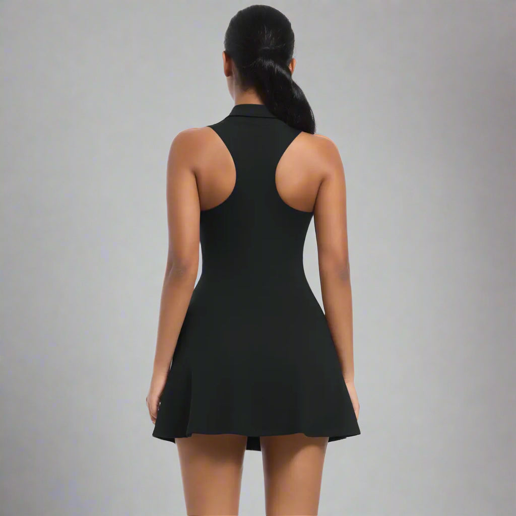 Black sleeveless dress worn by a model on a white background