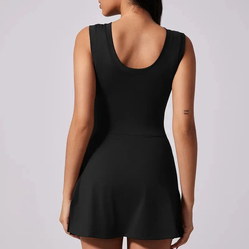 Boat Neck Tennis Dress Golf Dress for Women with Buit-In Short Sleeveless Backless Sarong Wrap Active Dress Workout Romper Dress
