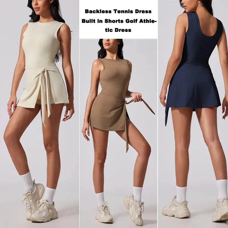 Boat Neck Tennis Dress Golf Dress for Women with Buit-In Short Sleeveless Backless Sarong Wrap Active Dress Workout Romper Dress